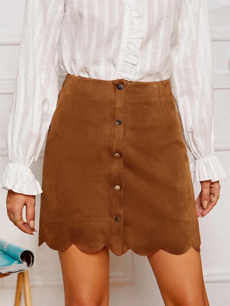 SHEIN Button Front Scallop Hem Suede Skirt | SHEIN