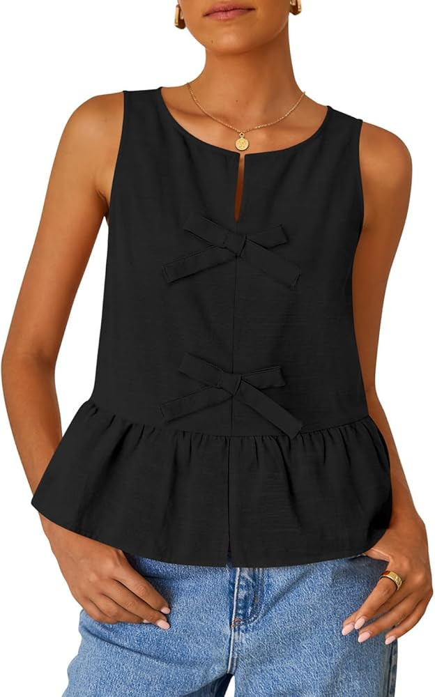 ZESICA Women's Summer Sleeveless Tank Tops Crewneck Tie Front Loose Flowy Ruffle Peplum Babydoll ... | Amazon (US)