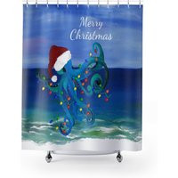 Octopus Christmas Holiday Lights Coastal Shower Curtain Bathroom Decor Of My Art | Etsy (US)