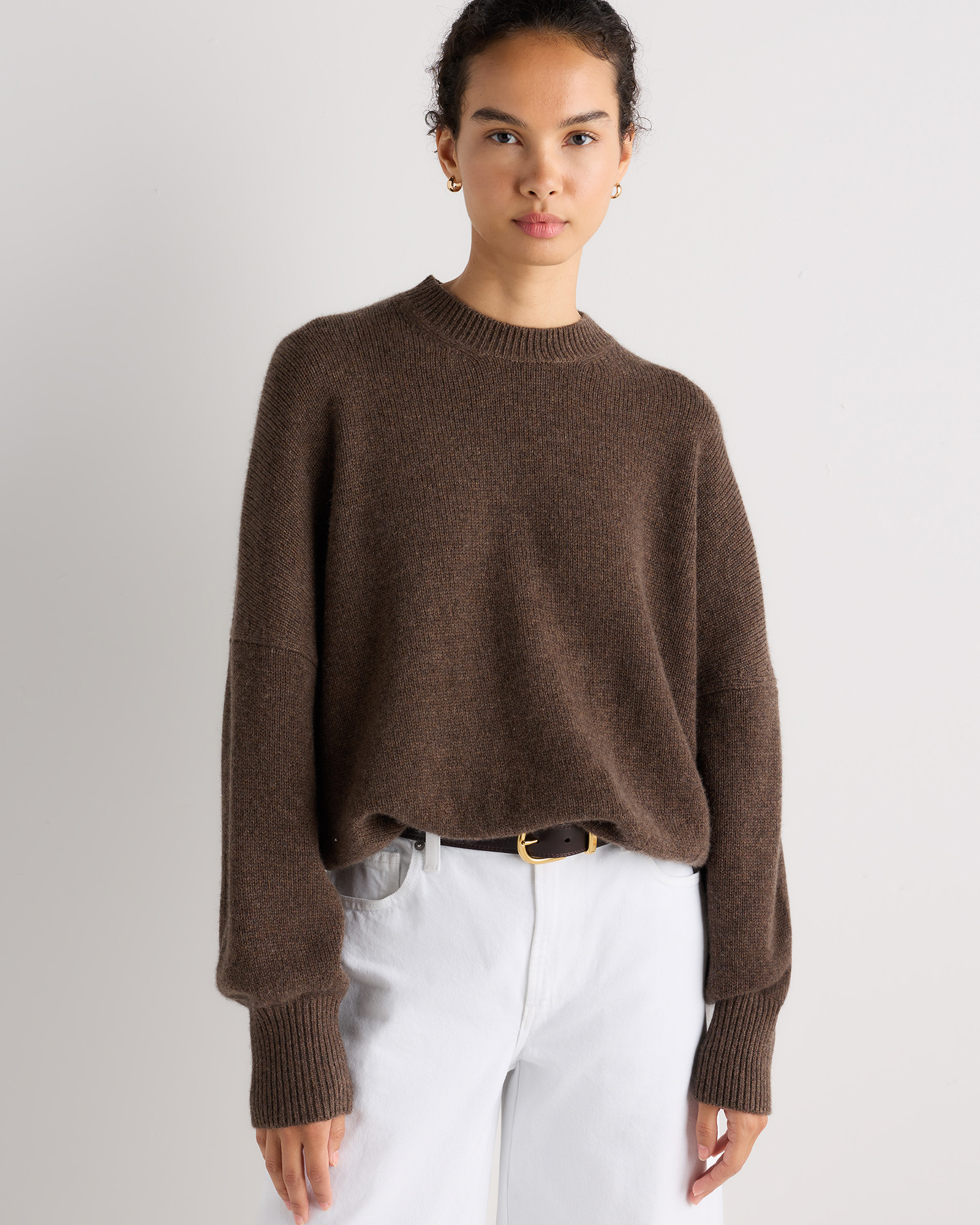 Quince | Women's 100% Mongolian Cashmere Slouchy Blouson Sleeve Crewneck Sweater in Black, Size Large | Quince