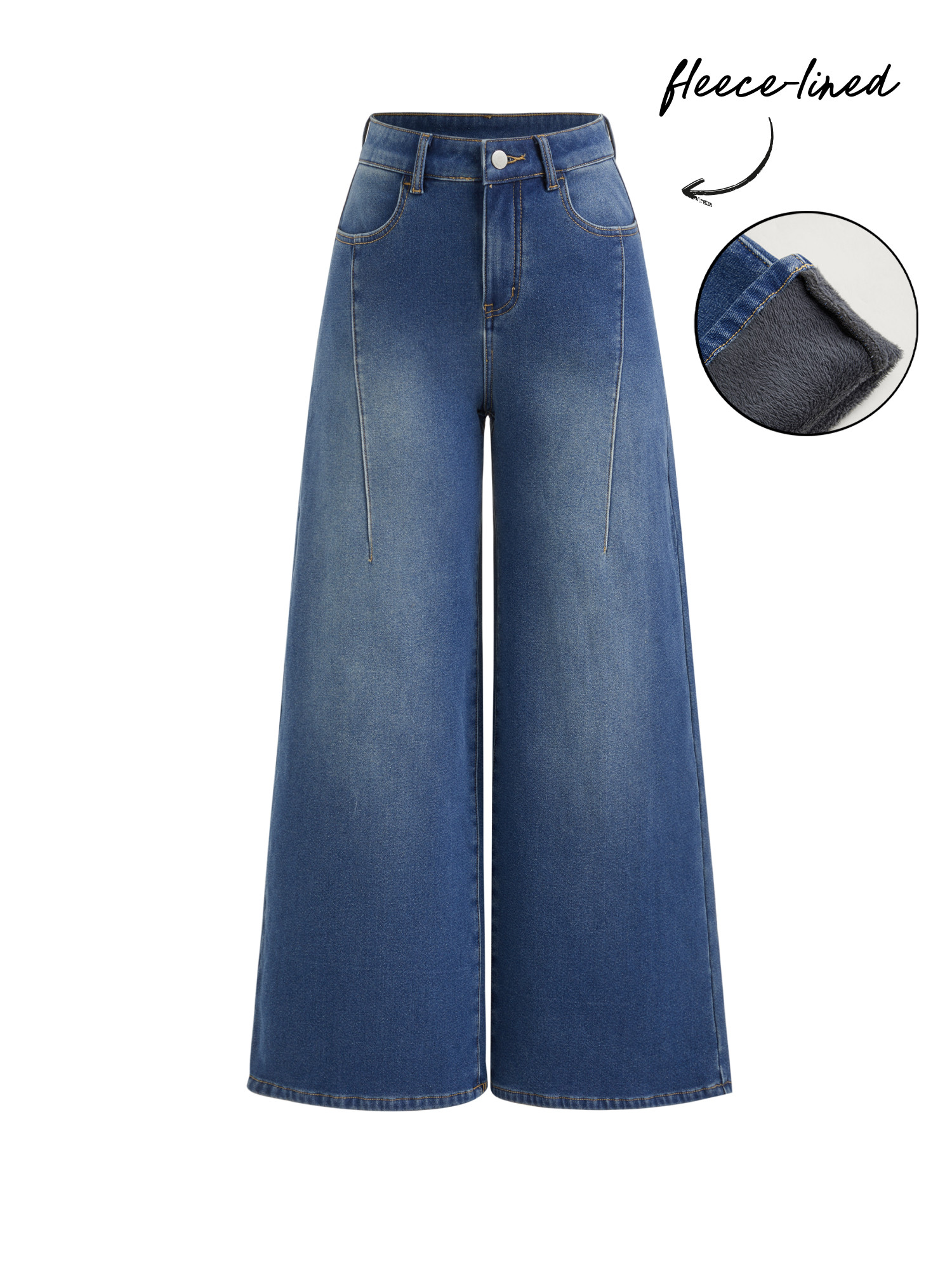 Denim High Stretch Cider Denim Fleece-lined High Rise Wide Leg Jeans For Daily Casual | Cider
