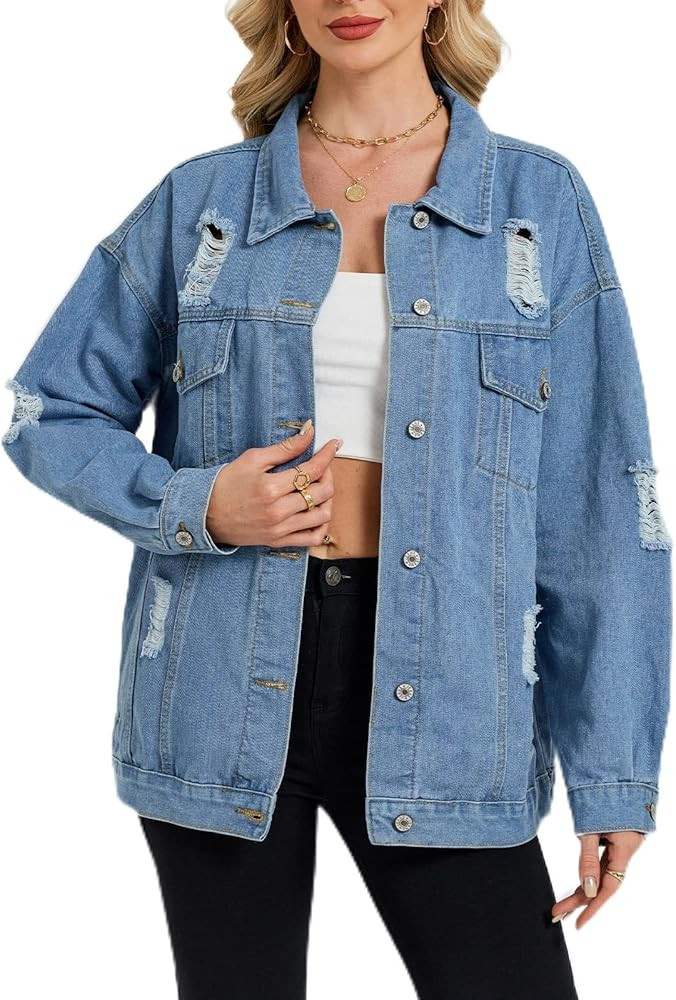 LifeShe Women's long oversized denim jacket boyfriend ripped distressed jean jackets coat | Amazon (US)