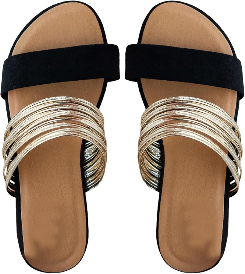 Verdusa Women's Metallic Strappy Flat Sandals Summer Slide Sandals Casual Shoes | Amazon (US)