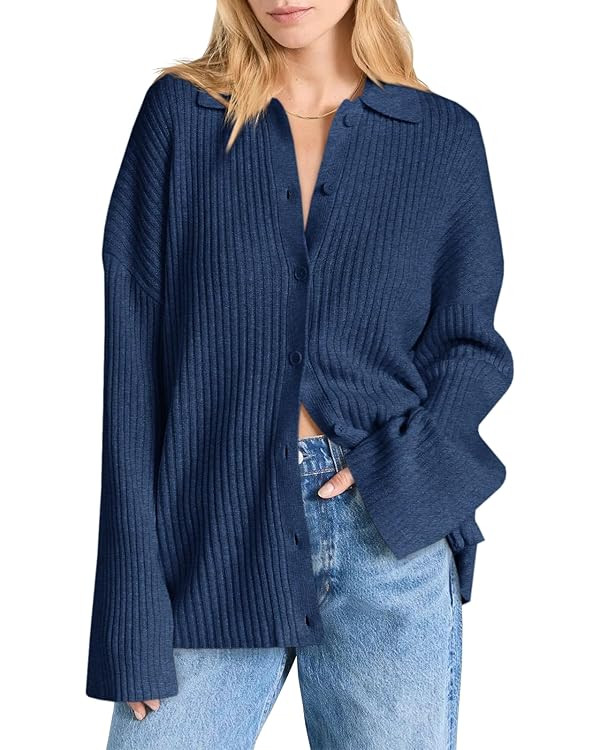 Danedvi Collared Cardigan Sweaters, Oversized Ribbed Knit | Amazon (US)