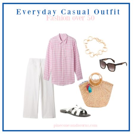 Everyday casual outfit with linen gingham shirt, white jeans, leather slide sandals and a wicker tote.  

#LTKover40 #LTKSeasonal #LTKshoecrush