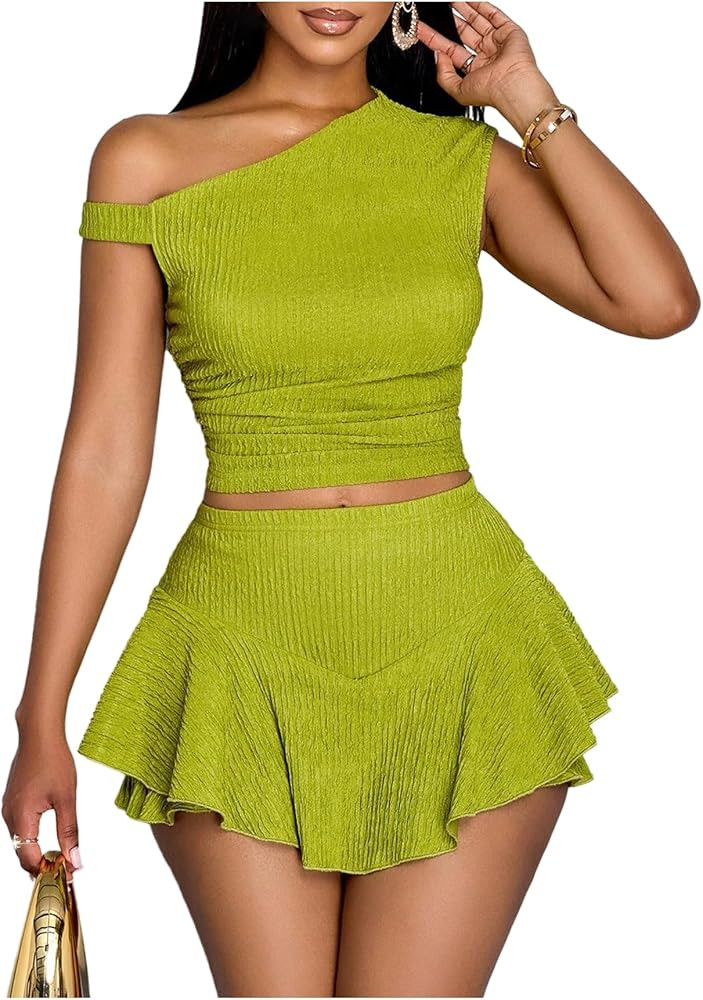 WDIRARA Women's One Shoulder Asymmetrical Tank Top and Layered Ruffle A Line Mini Skirt Sets 2 Pi... | Amazon (US)