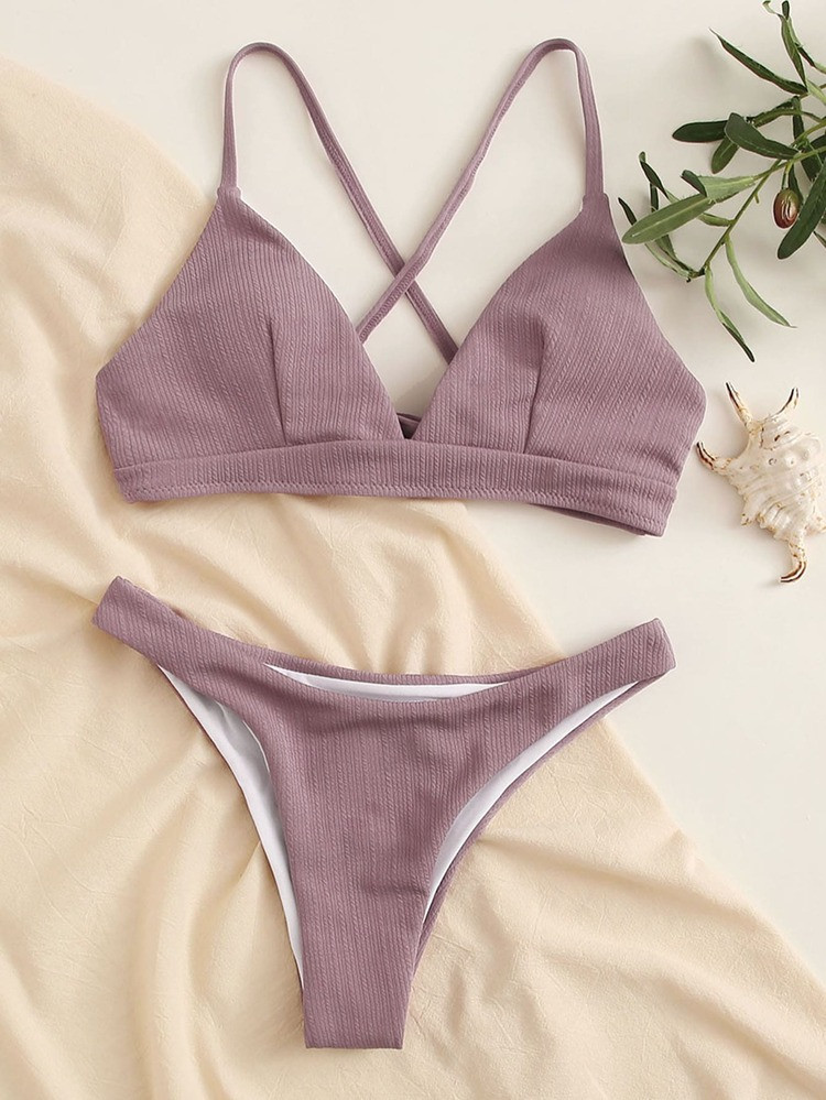 Textured Crisscross Tie Back Bikini Swimsuit | SHEIN