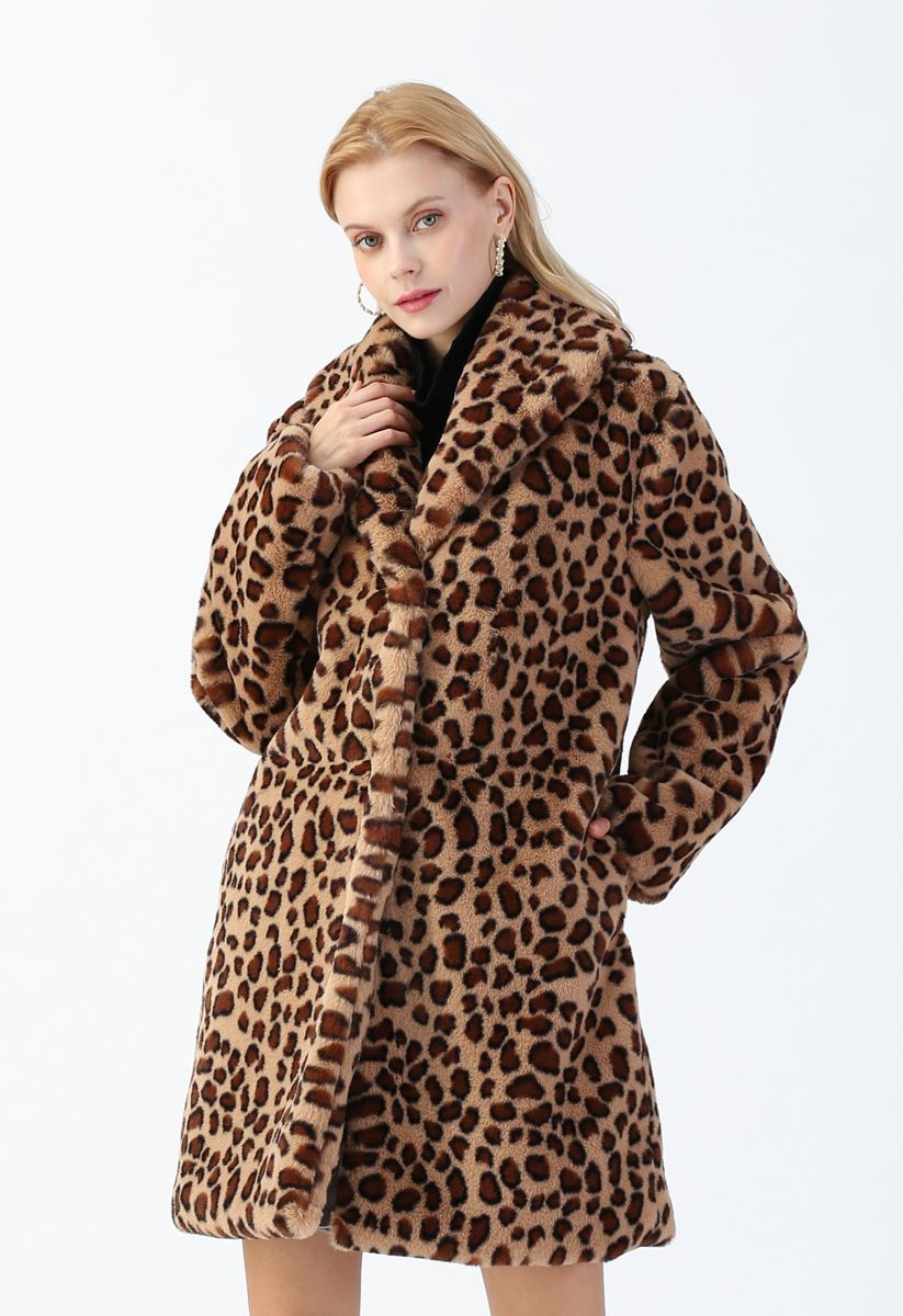 Brown Leopard Faux Fur Longline Coat with Collar | Chicwish