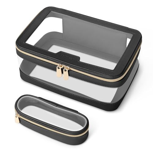 Soimeat Travel Clear Makeup Bag with Makeup Brush Bag, Leather Makeup Case Toiletry Bag, Portable Cosmetic Bag Case, Transparent Waterproof Cosmetic Organizer Storage Bag for Women, Black | Amazon (US)