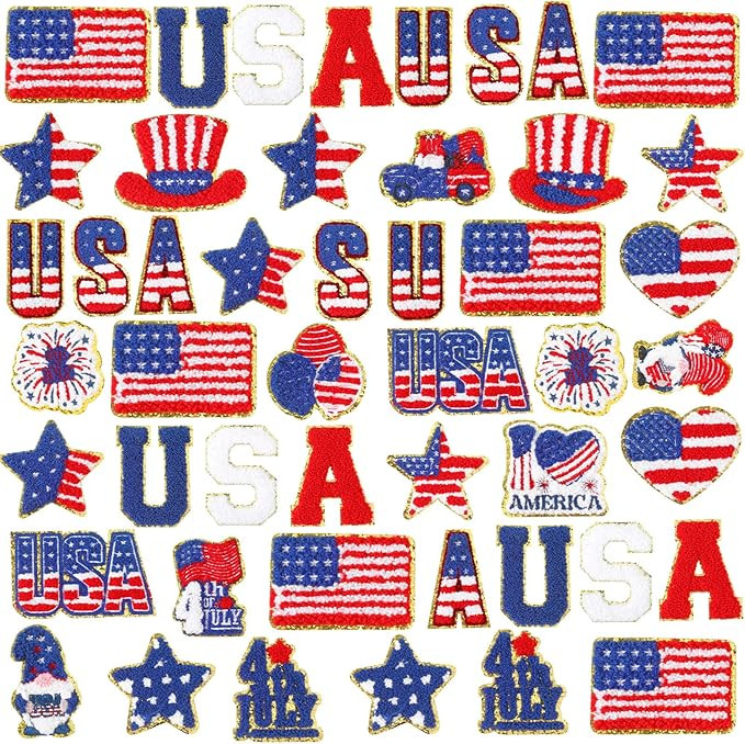 VioraWhite 48 Pcs 4th of July Chenille Patches Iron on Patriotic Sew on Embroidery Applique Sewin... | Amazon (US)