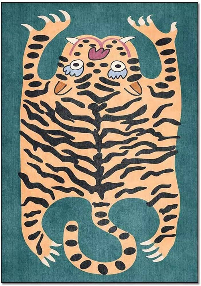 Green Tiger Rug for Bedroom 3x5 ft Vintage Boho Cartoon Tiger Area Rug Funky Tiger Carpet for Liv... | Amazon (US)