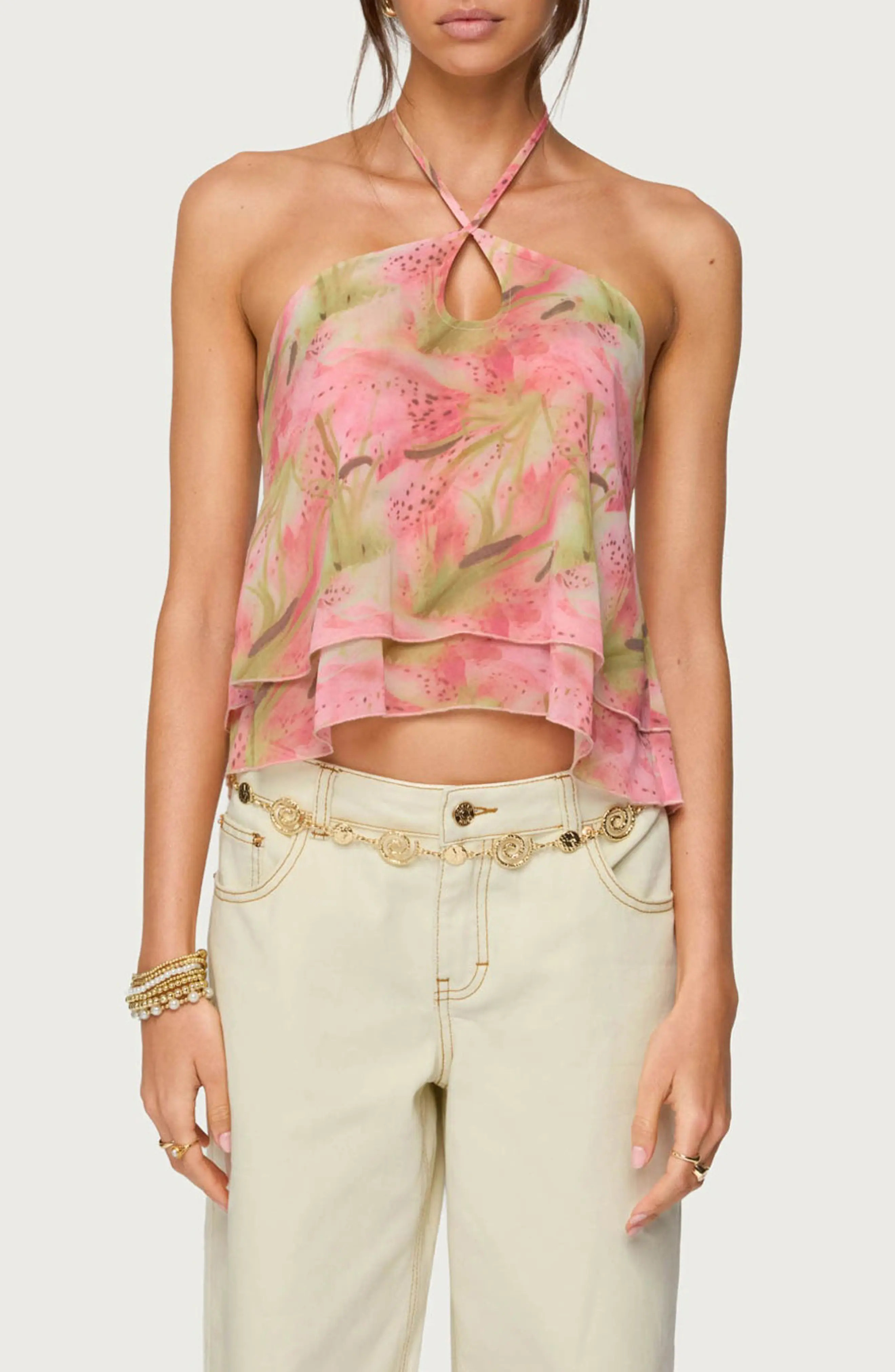 EDIKTED Dragon Lily Tiered Chiffon Halter Top in Mix at Nordstrom, Size Small | Nordstrom