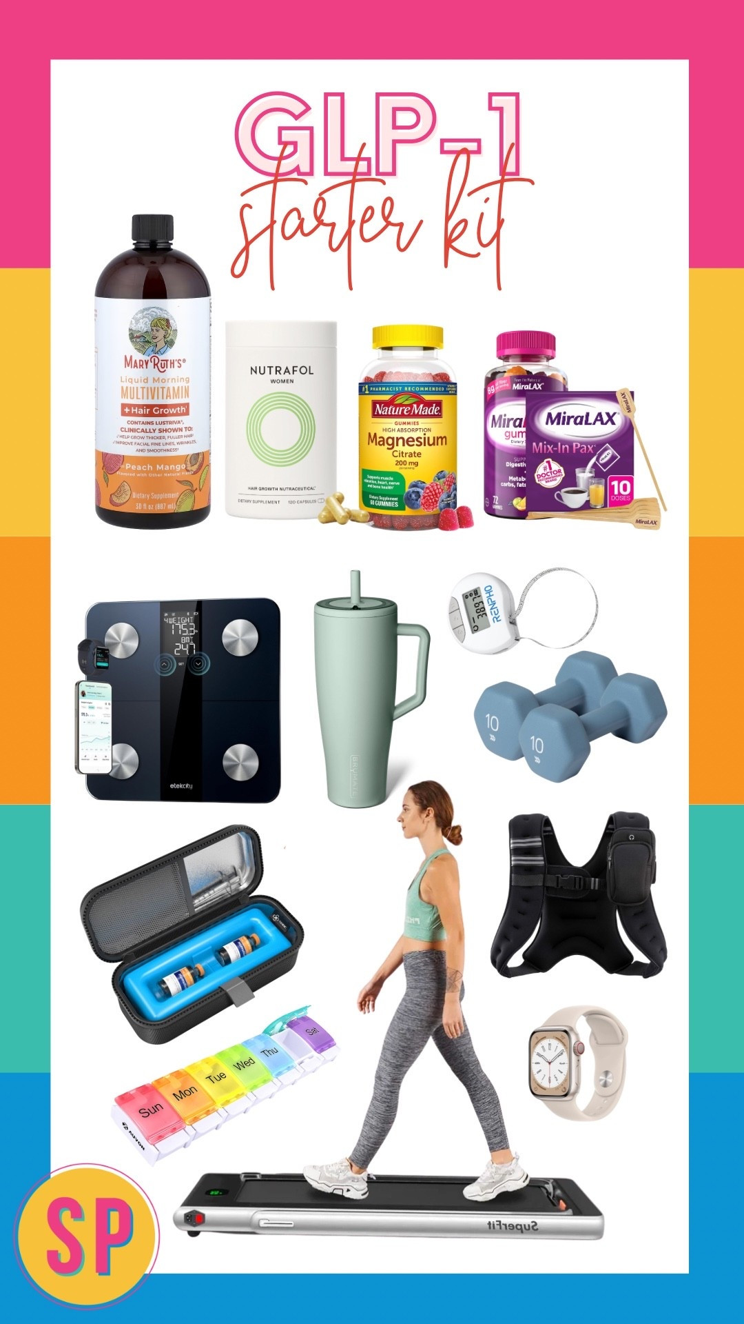 These are some of my recommendations if you’re just now starting your GLP1  journey. 

Hair Health: I haven’t experience that much hair shedding, but I’ve been taking Nutrafol & Mary Ruth’s for a little over two years now. It’s a bit pricey but very worth it. 

Weighted Vest: I use my vest almost daily when taking my dog Luca for a walk, and it helps with burning calories faster, strengthening my core and helps with posture. I would recommend starting with 15 pounds.

Strength Training: they say that you lose muscle while on the medication so it’s very important to do a couple of strength training exercises daily. 

Walking Pad: I highly recommend getting a walking pad. It makes it so much easier to get your walk-in daily, especially if you’re very busy. It’s nice to have at home. 

Fitness tracker: a great way to set goals for yourself. Your journey is your own. Set realistic goals for YOUR body and increase them as you go. When I first started my journey I set a goal of 15 min walks to start out. You can set a time , distance or step goal. 

Hydration: I’ll admit it’s difficult to get in your daily water intake, but having a Brumate definitely makes it easier. My water stays cool all day and it doesn’t leak. 
I’m a big fan of the White Peach sugar free Liquid IV. 

Hope these tips help you on your journey. 

Wellness journey, daily routine, fitness goals, walking pad, weighted vest, hair health, fitness tracker, pill organizer, smiles and pearls

#LTKMidsize #LTKfitnessgoals #LTKHome