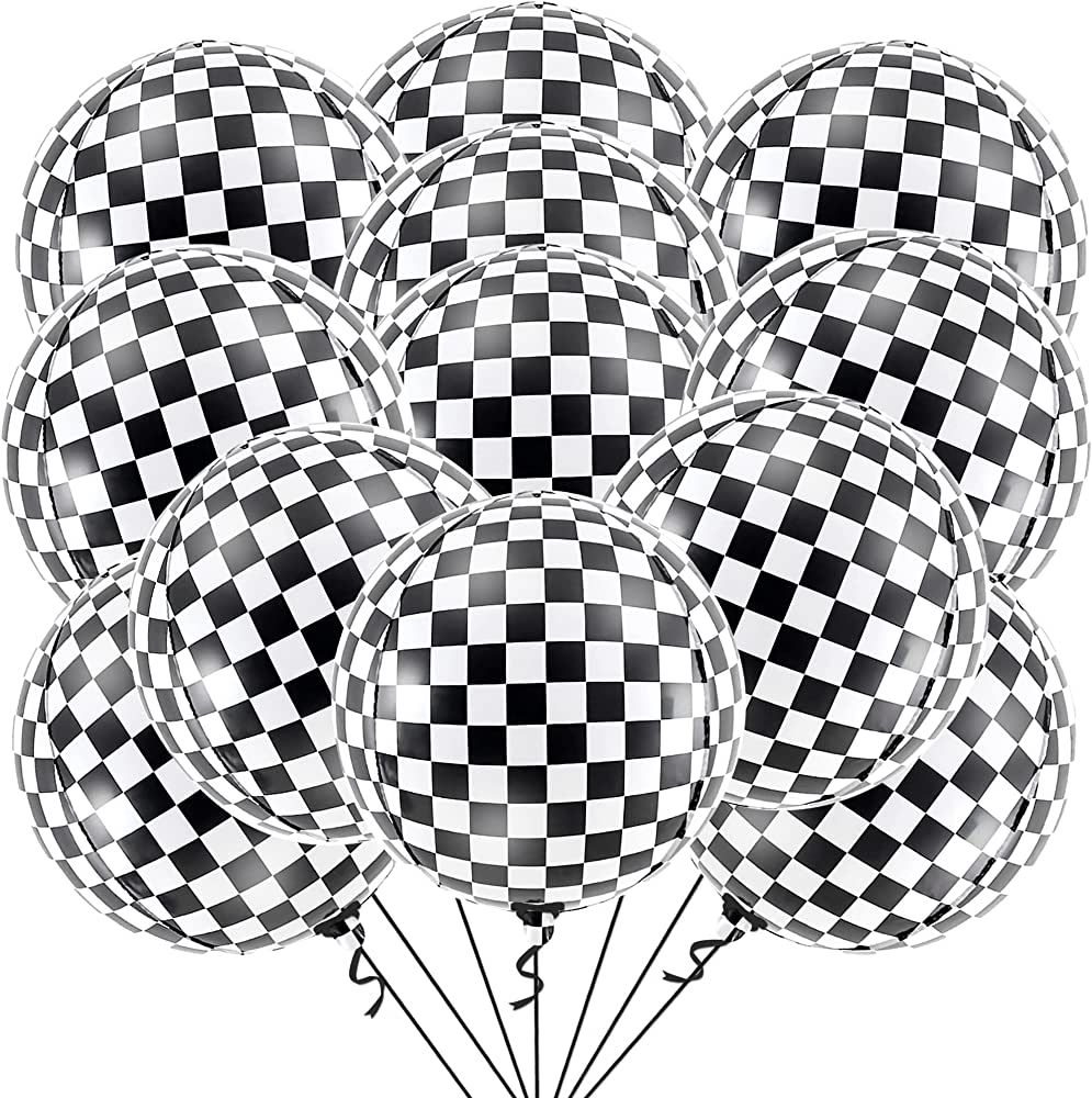 Big, Black and White Checkered Balloons - 22 Inch, Pack of 12 | 4D Sphere Race Car Balloons | Che... | Amazon (US)