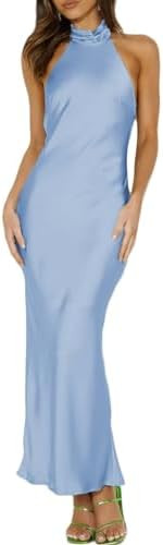 Phicia Sexy Satin Halter Neck Backless Maxi Dress for Women Elegant Tie Cowl Back Formal Wedding ... | Amazon (US)