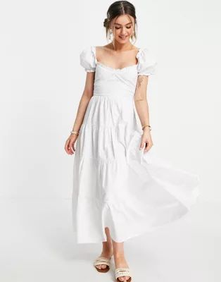 Stradivarius milkmaid poplin maxi dress with puff sleeves in white | ASOS (Global)