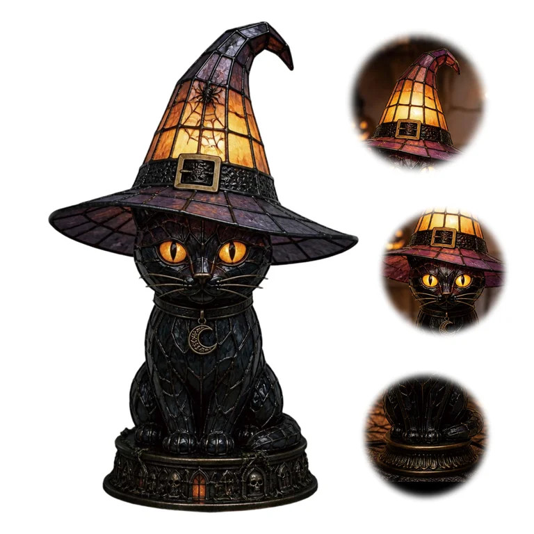 Halloween Black Cat Witch Hat Table Lamp, 12 Inch Vintage Lighted Resin Cat Night Light, Gothic C... | Walmart (US)