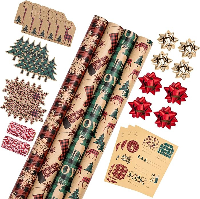 RUSPEPA Christmas Wrapping Paper Rolls with Tags, Jute String and Gift Wrap Bows - 30 inches x 10... | Amazon (US)