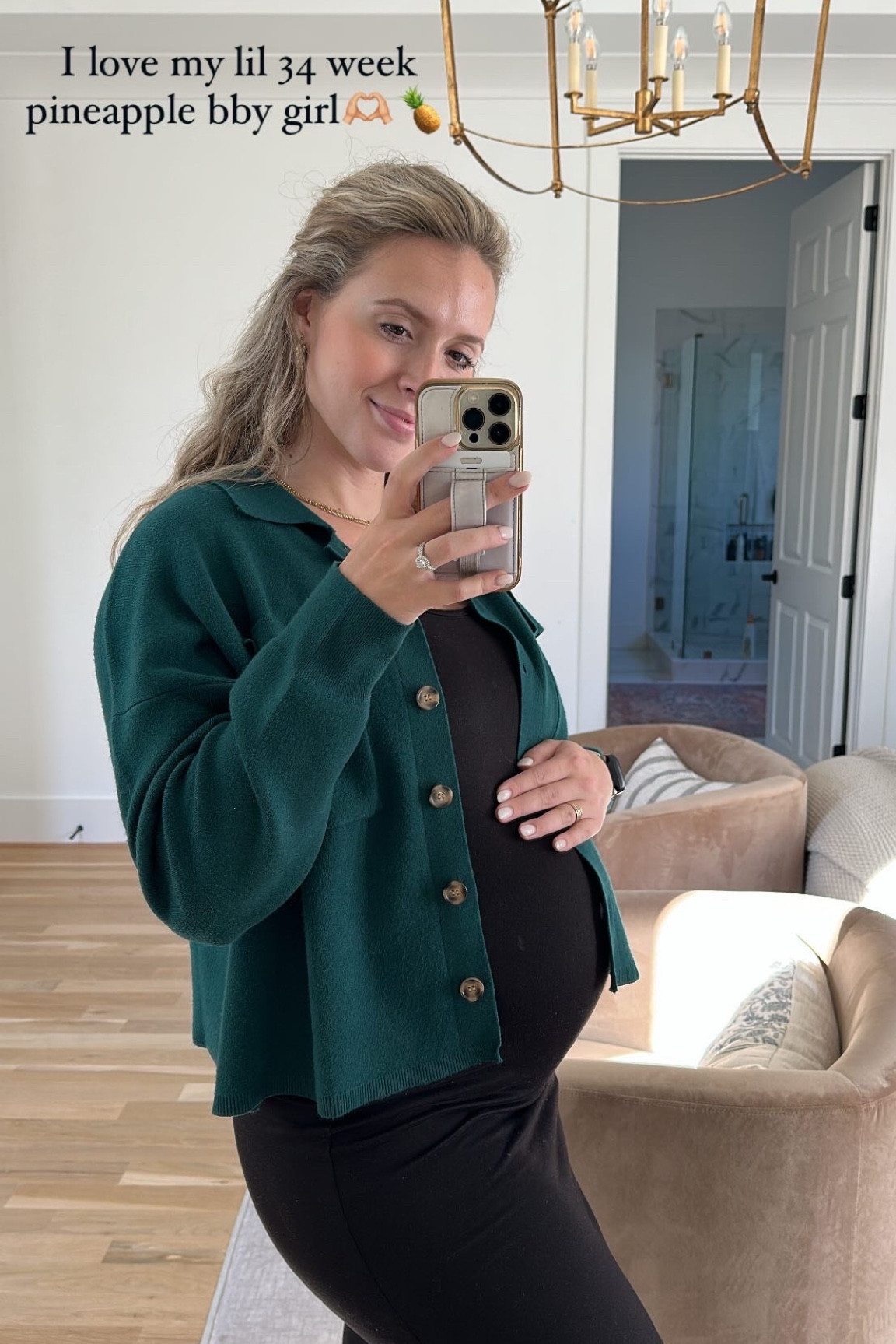 Maternity look; sezane Betty cardigan dupe; bumpsuit; styling the bump; 34 weeks

#LTKbump #LTKSeasonal