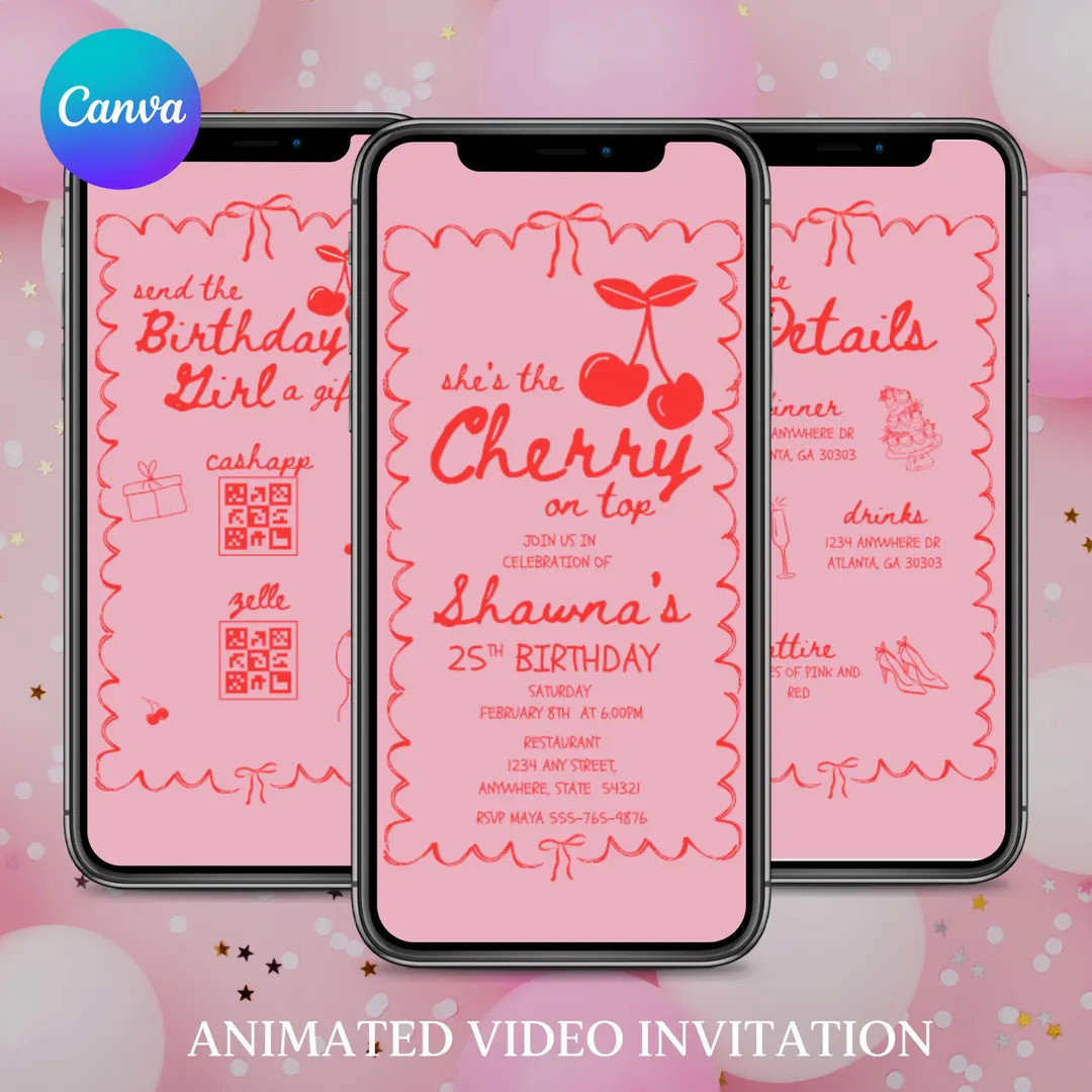 Editable Cherry on Top Birthday Dinner Invite Template Editable Animated Coquette Birthday Invita... | Etsy (US)