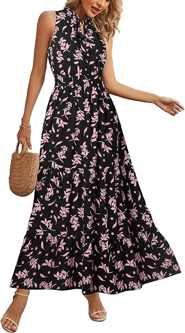 Mizukai Women's Sleeveless Summer Tie Neck Casual Boho Floral Print Ruffle Hem A-Line Long Beach ... | Amazon (US)