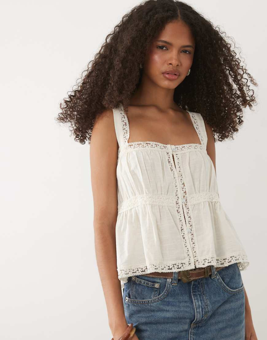 Mango 100% cotton button front embroidered cami top in beige-Neutral | ASOS (Global)