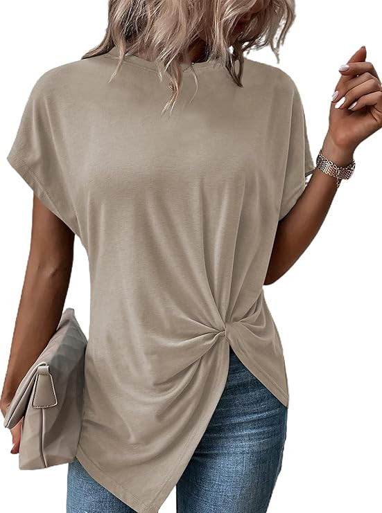 Remidoo Asymmetrical Tops for Women Twist Front Top Crewneck Knot Short Sleeve T Shirts | Amazon (US)