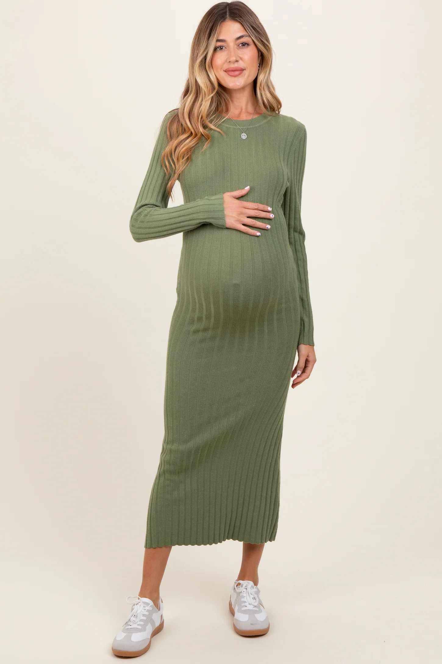 Olive Ribbed Knit Fitted Maternity Midi Sweater Dress | PinkBlush Maternity