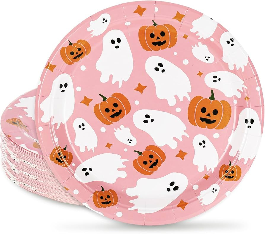 AnyDesign 24Pcs Pink Halloween Paper Plates 9 Inch Cute Ghost Pumpkin Disposable Plates Decorativ... | Amazon (US)
