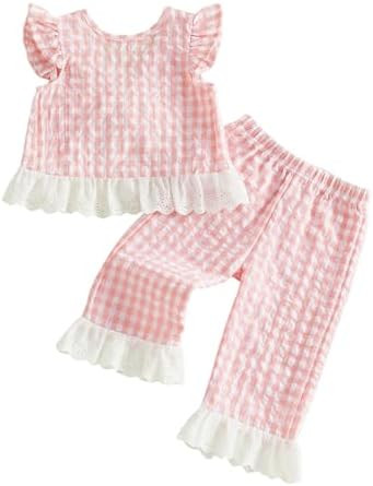 GOOCHEER Toddler Girl Clothes Baby Summer Outfit Plaid Ruffle Sleeveless Vest Tank Tops Pants Set... | Amazon (US)