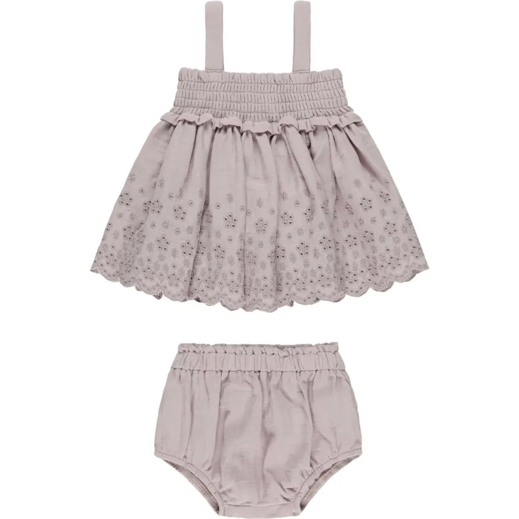 QUINCY MAE Embroidered Eyelet Organic Cotton Trapeze Top & Bloomers in Lavender at Nordstrom, Size 18-24M | Nordstrom