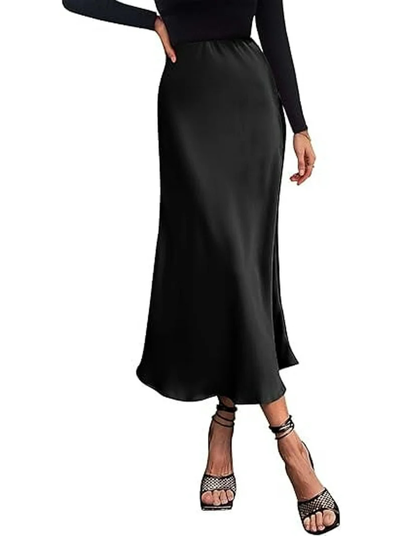 PRETTYGARDEN Women's Summer Midi Satin Skirt Dressy Casual High Waisted A Line Flowy Ruffle Elega... | Walmart (US)