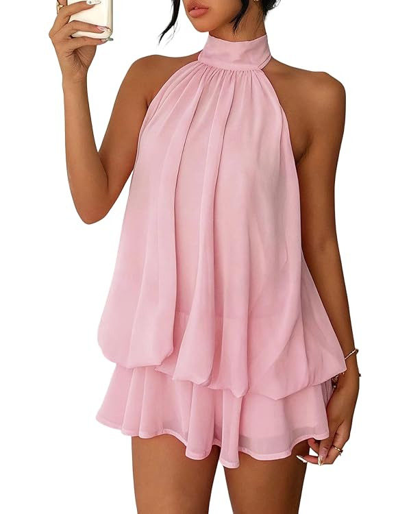 Famnbro Women Chiffon Dress Sleeveless Halter Neck Backless Ruffle Flowy Mini Sexy Summer Party W... | Amazon (US)
