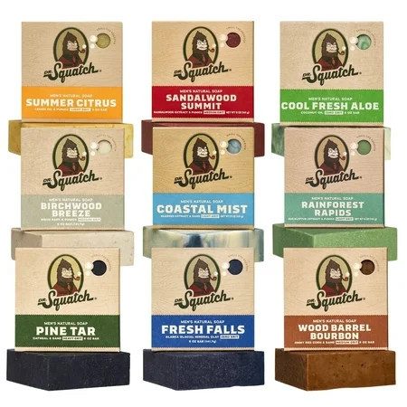 Dr. Squatch Men’s Bar Soap – Cold Process, No Harsh Chemicals – Fresh Falls, Wood Barrel Bourbon, Pine Tar & More (5 oz, 9 Pack) | Walmart (US)