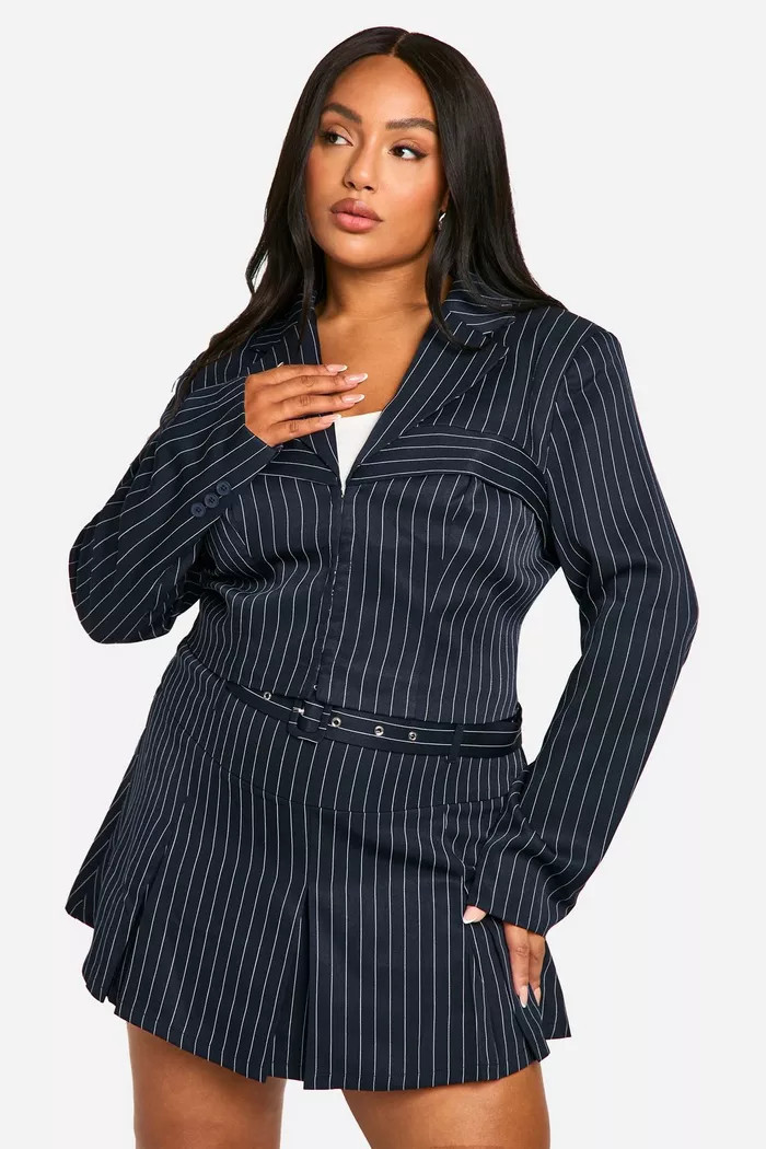 Plus Pinstripe Corset Detail Cropped Blazer | boohoo (US & Canada)