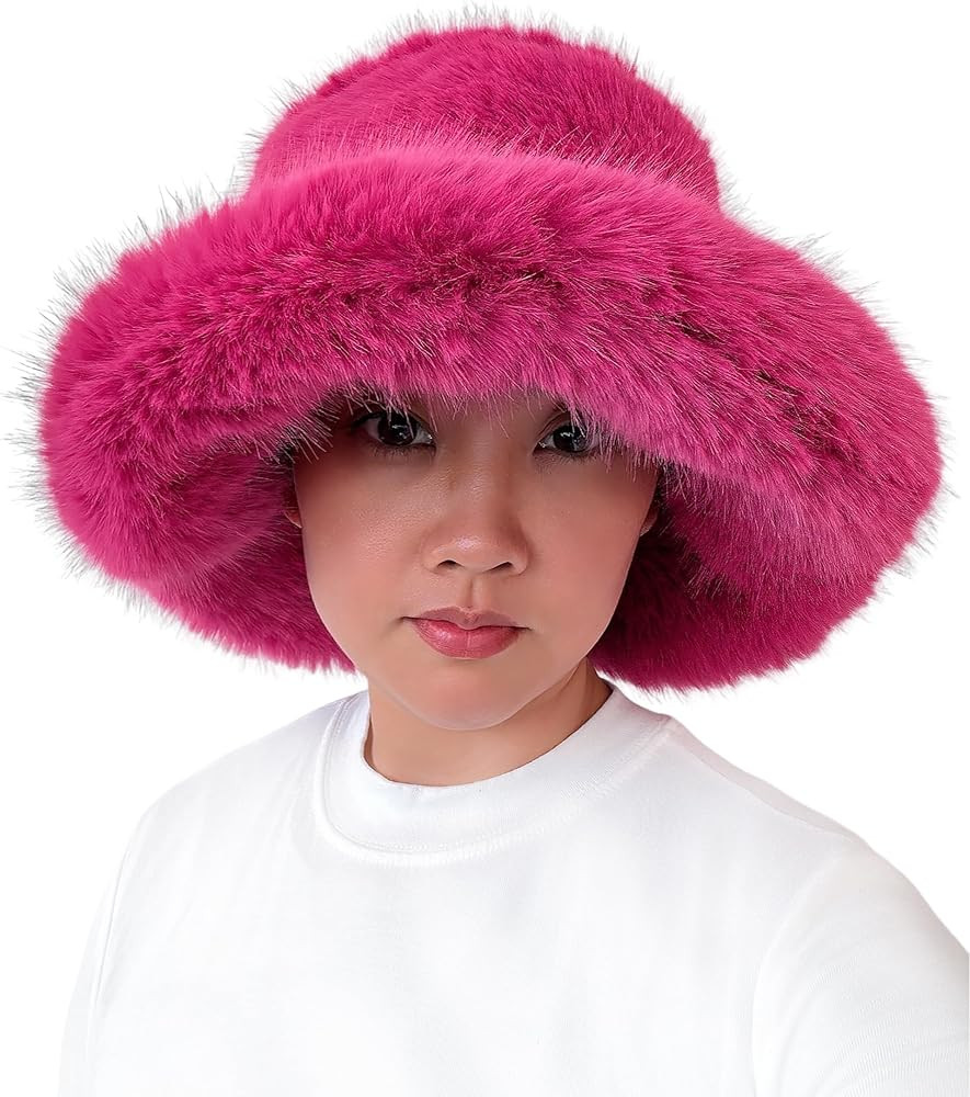 Lina & Lily Oversized Winter Faux Fur Bucket Hat for Women - Long Pile Fur Wide Moldable Brim | Amazon (US)