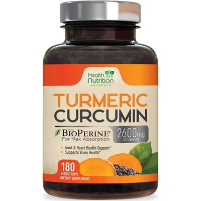 Turmeric Curcumin Supplement 2600mg with Black Pepper Extract 95% Curcuminoids - High Absorption Turmeric - 180 Capsules By Health Nutrition Naturals | Target