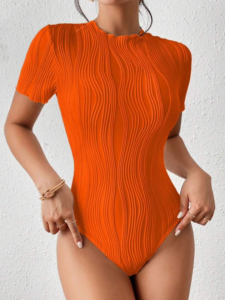 SHEIN Frenchy Women's Solid Color Round Neck Hollow Out Embroidery Short Sleeve Bodysuit, Fashion... | SHEIN