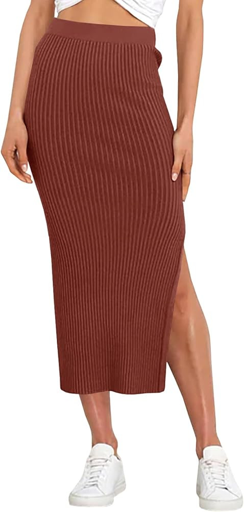 Runcati Women's Bodycon Knitted Pencil Skirts Elastic Split High Waisted Midi Skirt | Amazon (US)