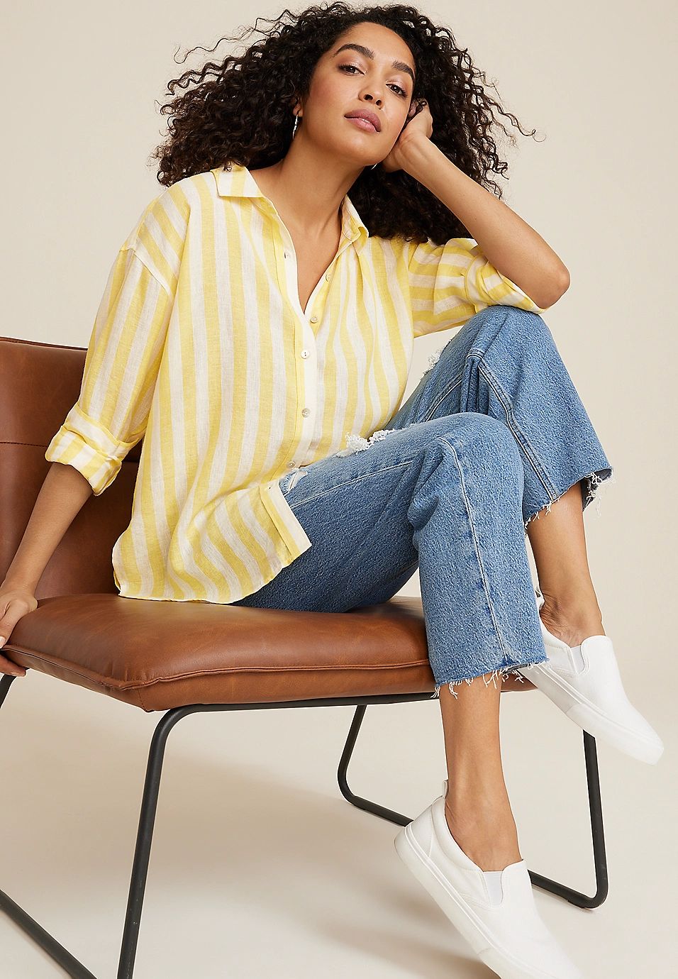 90s Oversized Striped Linen Button Up Shirt | Maurices