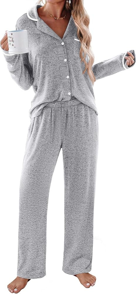 Ekouaer Women's Pajama Sets Long Sleeve Button Down 2 Piece Pjs Soft Lounge Sets Notch Collar Sle... | Amazon (US)