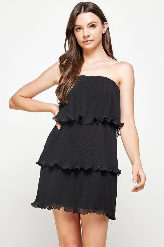 SUNRISE TIERED STRAPLESS MINI DRESS IN BLACK | Indigeaux Denim Bar & Boutique