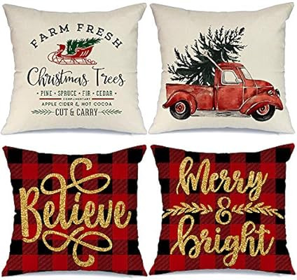 AENEY Buffalo Plaid Christmas Pillow Covers 18x18 Set of 4, Red Truck Believe Rustic Winter Holid... | Amazon (US)