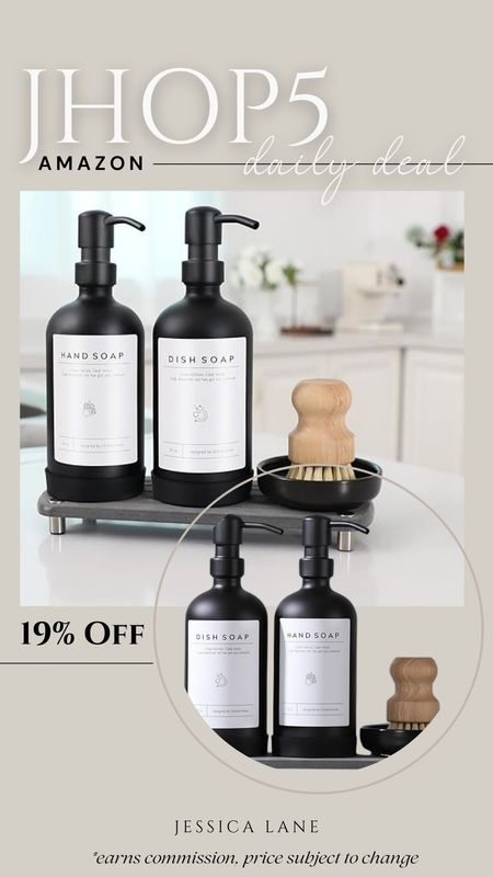 Amazon daily deal, save 19% on this set of kitchen soap and lotion dispensers with labels, scrubbing brush and tray set.Kitchen accessories, soap dispenser and tray set, dish scrubbing brush and tray set, Amazon home, Amazon deal

#LTKHome #LTKStyleTip #LTKSaleAlert