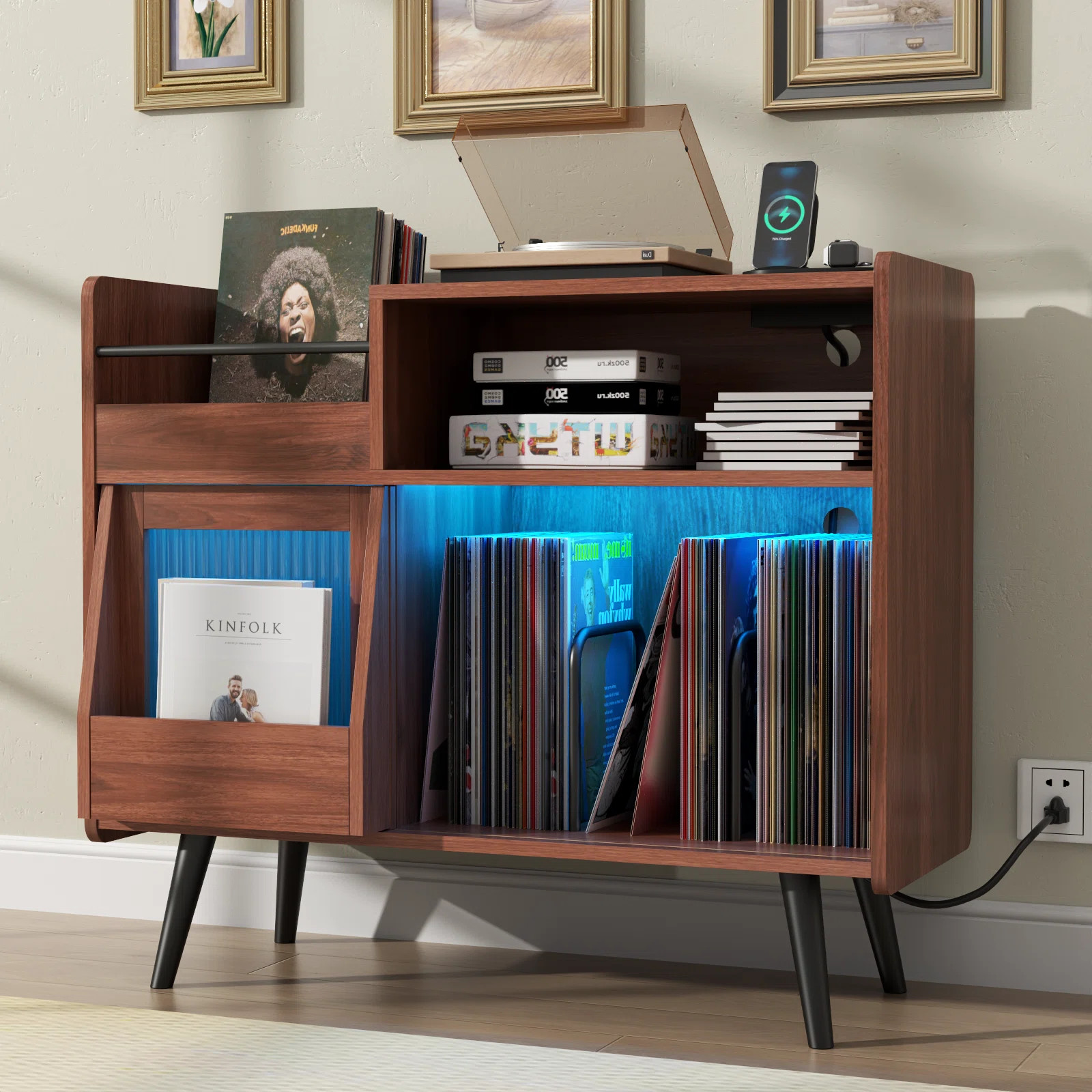 Large Record Player Stand, 350 Vinyl Record Storage Holder with Power Outlet and LED Light | Wayfair North America