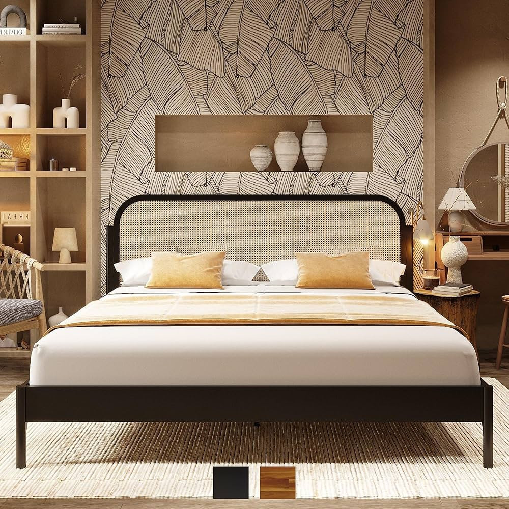Bme Aurelia Solid Wood Bed Frame with Headboard - Bohemian & Mid Century Modern Style - Wood Slat... | Amazon (US)