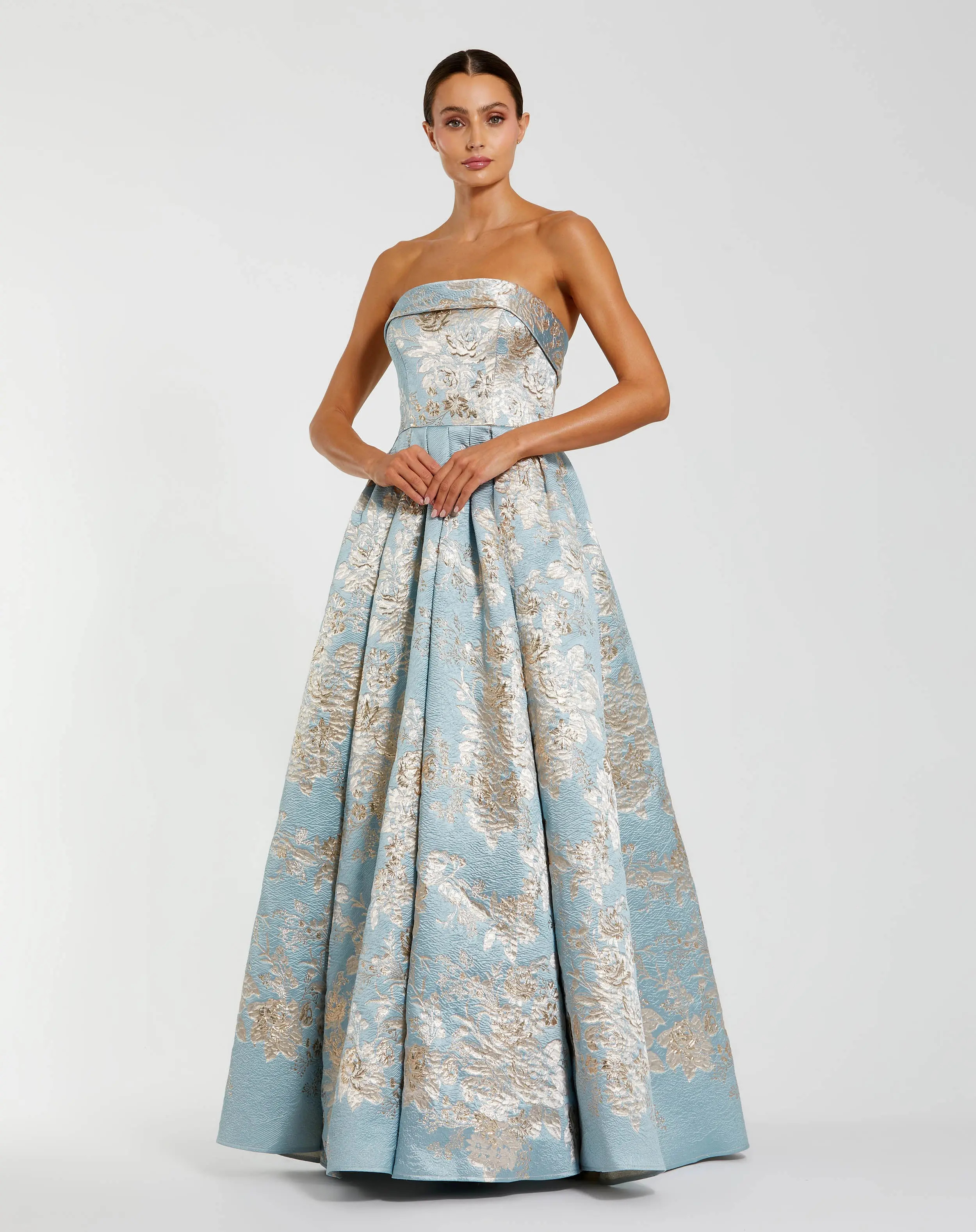 Blue Strapless Brocade Ball Gown with Pockets | Mac Duggal | Mac Duggal