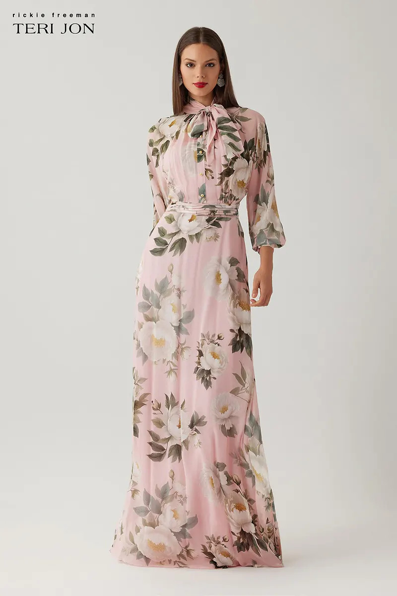 Chiffon Floral Print Tie Neck Long Sleeve Gown | TERI JON