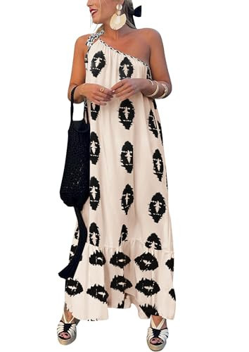 PRETTYGARDEN Women's Summer One Shoulder Maxi Dresses Printed Flowy Boho Beach Vacation Long Sundress (Beige Black Floral,Small) | Amazon (US)