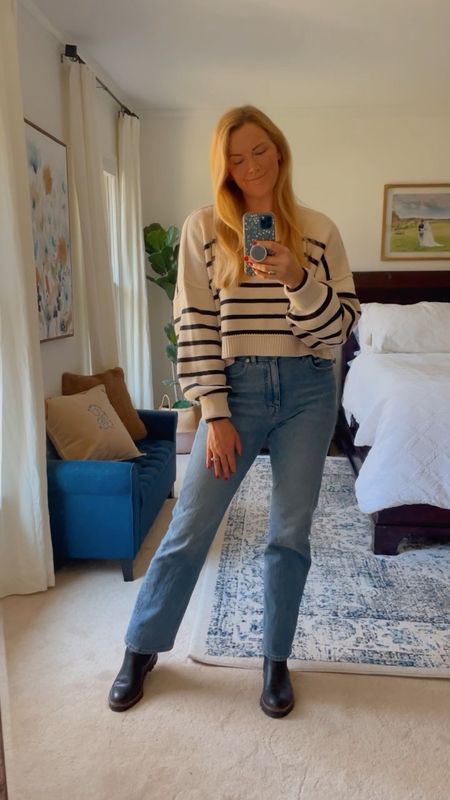 What I Wore Today - casual fall weekend outfit idea

Cropped striped sweater in black & white. I got my normal size and love the flowy fit. Comes in more colors and solids. 

These jeans remind me of the popular Abercrombie ones but with more give & stretch. Got my normal size but could have sized down for a tighter fit. Currently 30% off!

#LTKSeasonal #LTKstyletip #LTKHolidaySale